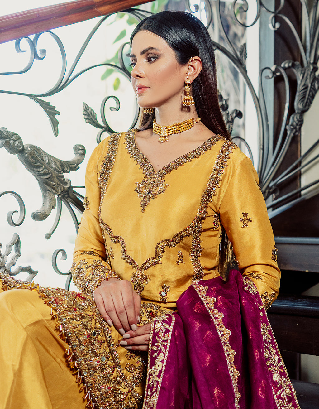 Pakistani Sunset Yellow Embroidered Raw Silk Salwar Kameez (3-Piece) - Image 5