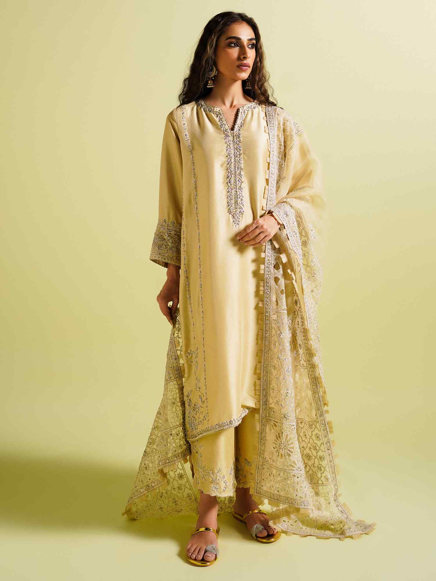 Pastel Yellow Resham Zardozi Raw Silk Kurta (3-Piece) - Image 1