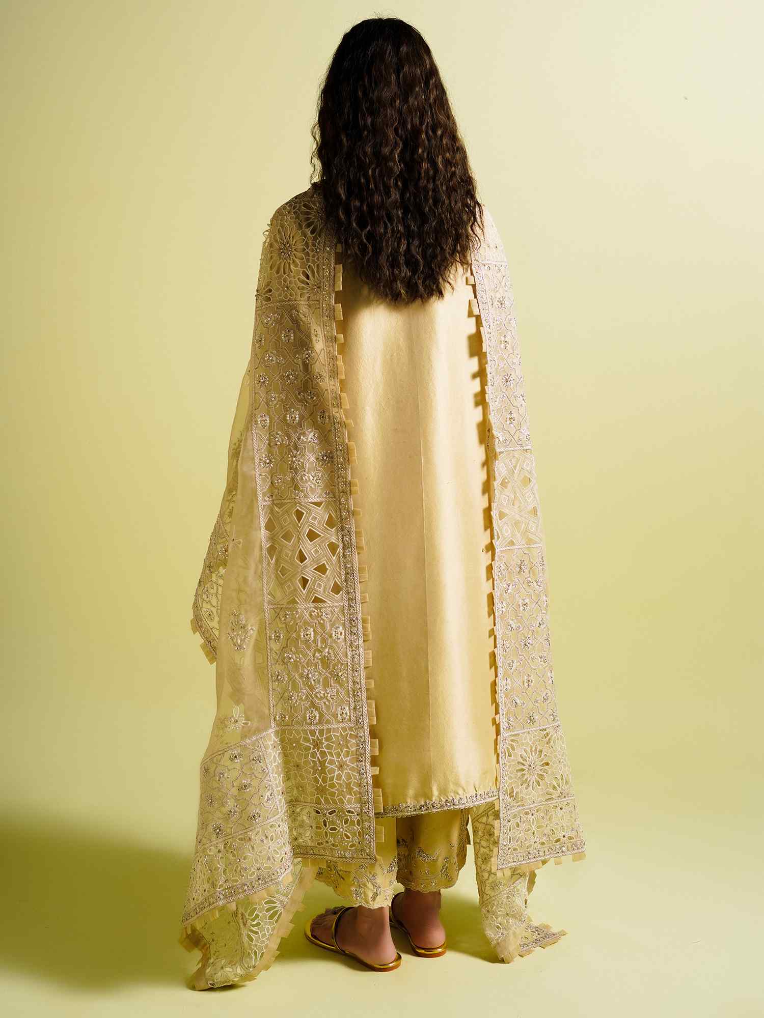 Pastel Yellow Resham Zardozi Raw Silk Kurta (3-Piece) - Image 3