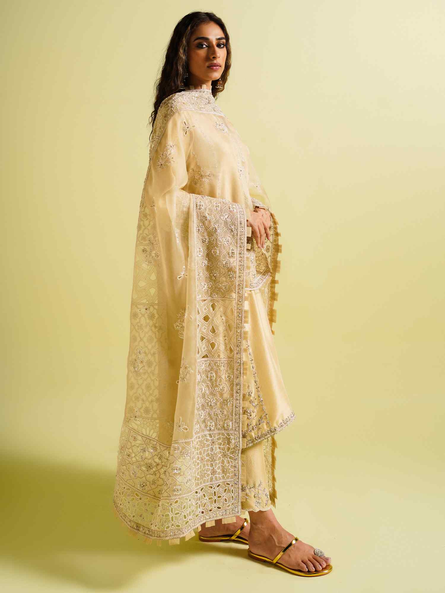 Pastel Yellow Resham Zardozi Raw Silk Kurta (3-Piece) - Image 4
