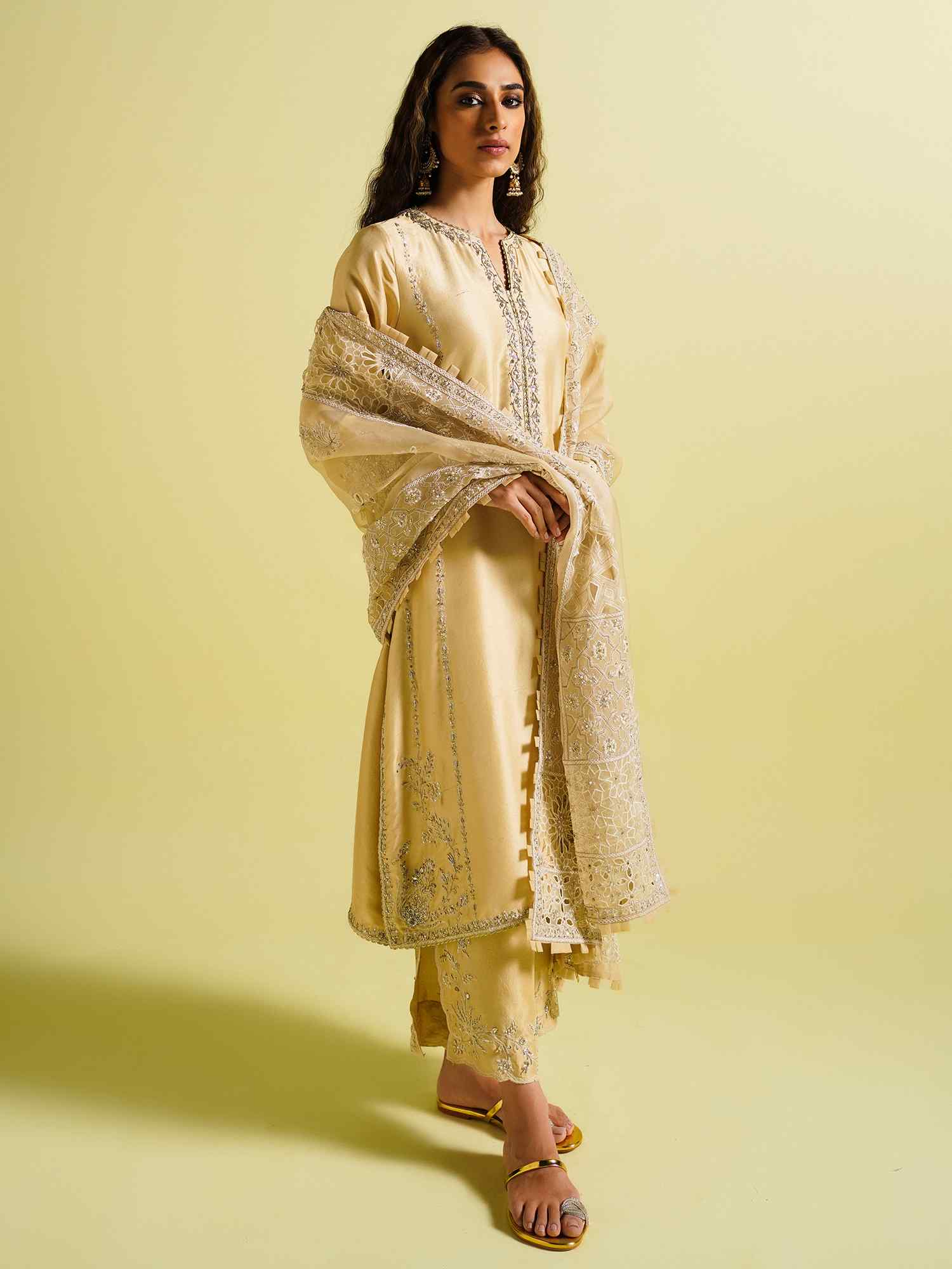 Pastel Yellow Resham Zardozi Raw Silk Kurta (3-Piece) - Image 5