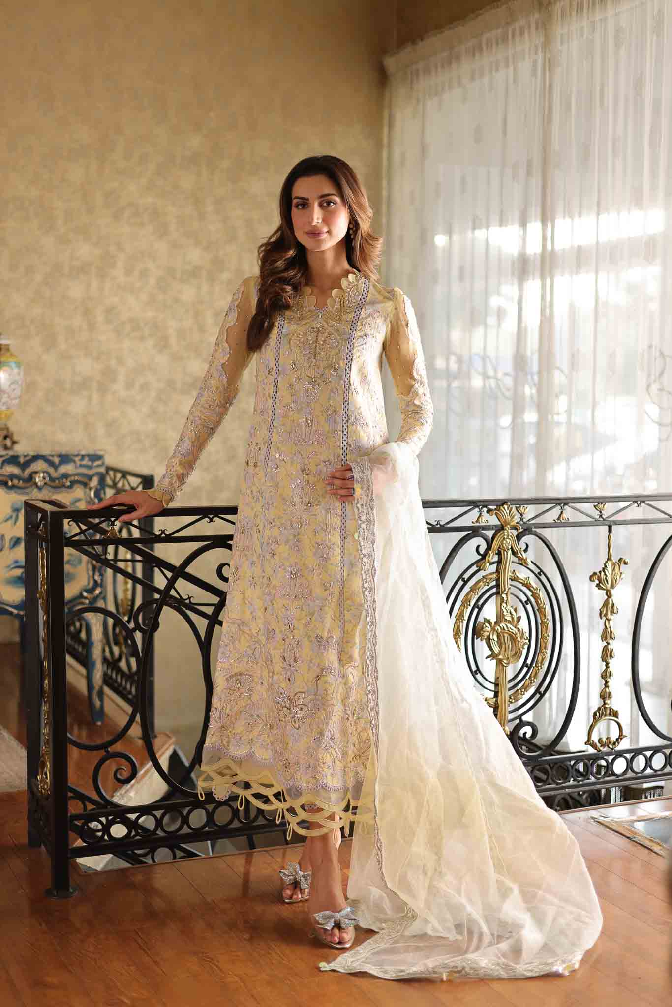 Pakistani Soft Yellow Embroidered Raw Silk Salwar Kameez (3-Piece) - Image 1