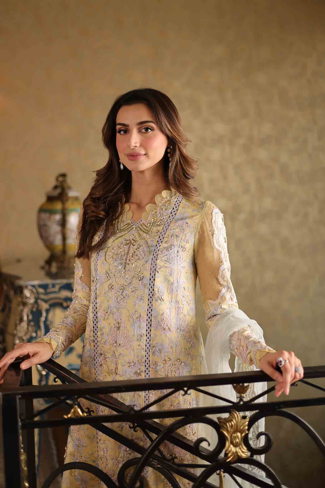 Pakistani Soft Yellow Embroidered Raw Silk Salwar Kameez (3-Piece) - Image 10