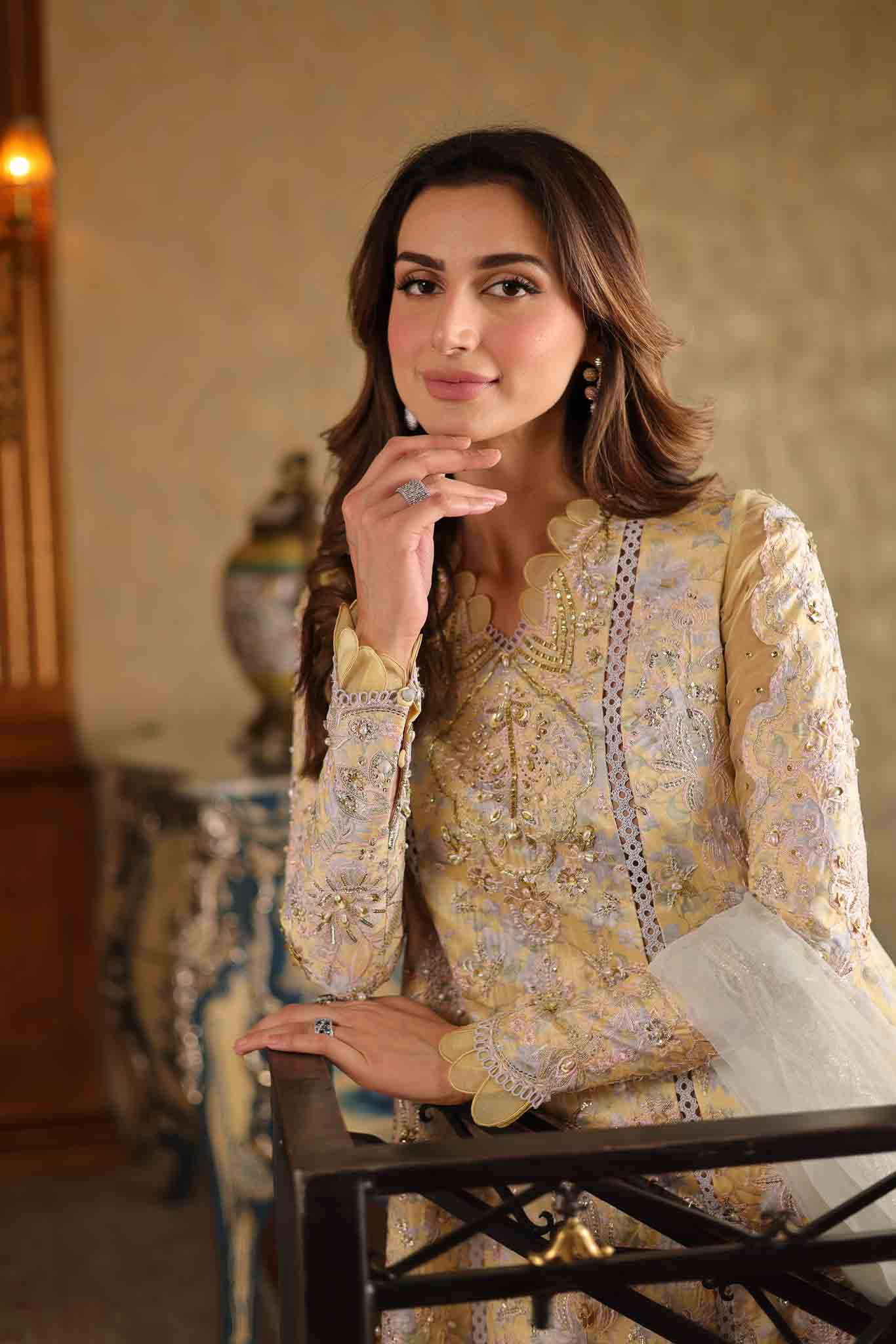 Pakistani Soft Yellow Embroidered Raw Silk Salwar Kameez (3-Piece) - Image 11