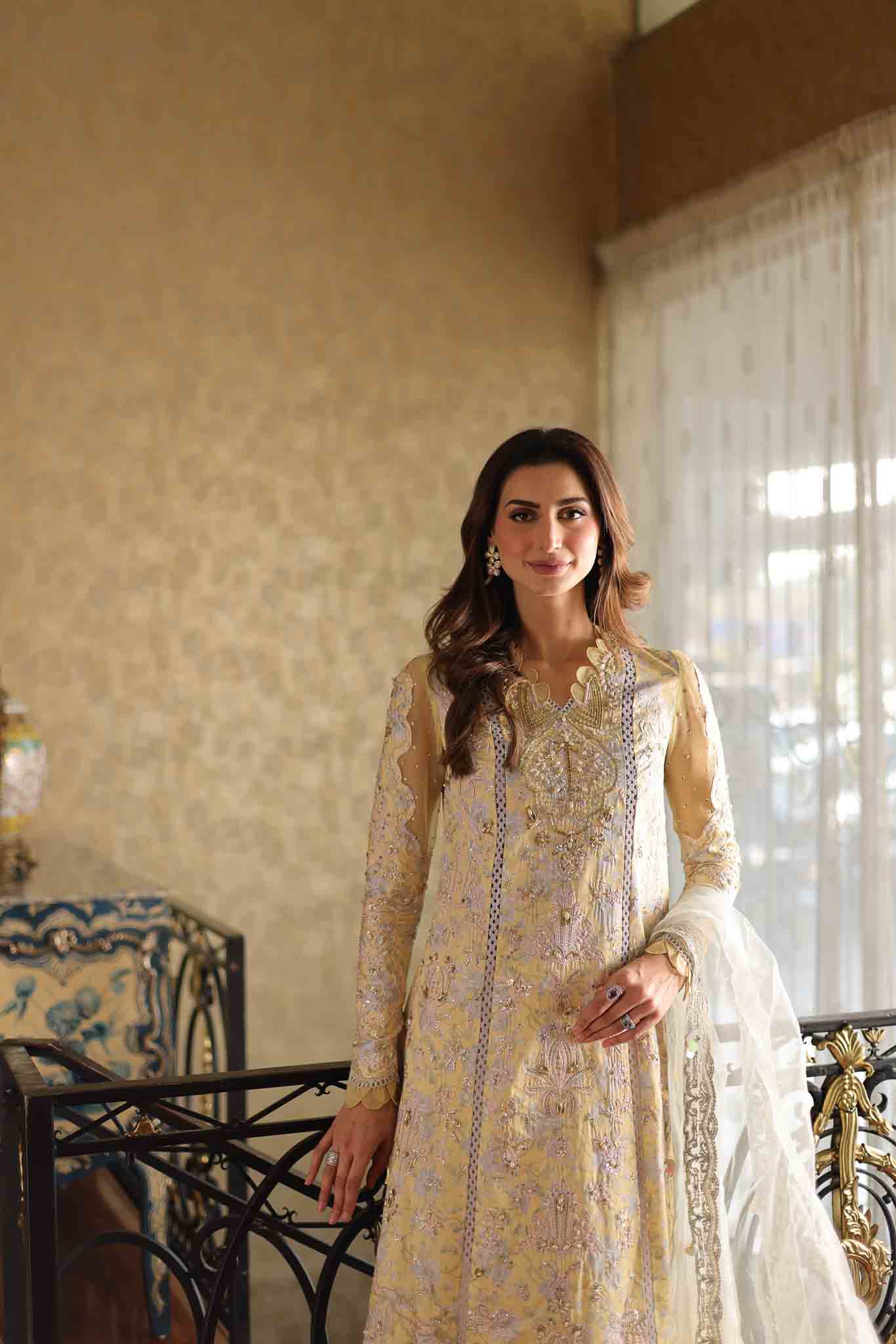 Pakistani Soft Yellow Embroidered Raw Silk Salwar Kameez (3-Piece) - Image 2