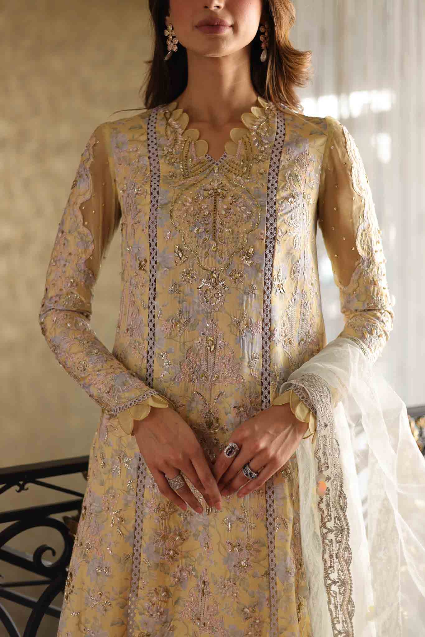 Pakistani Soft Yellow Embroidered Raw Silk Salwar Kameez (3-Piece) - Image 4