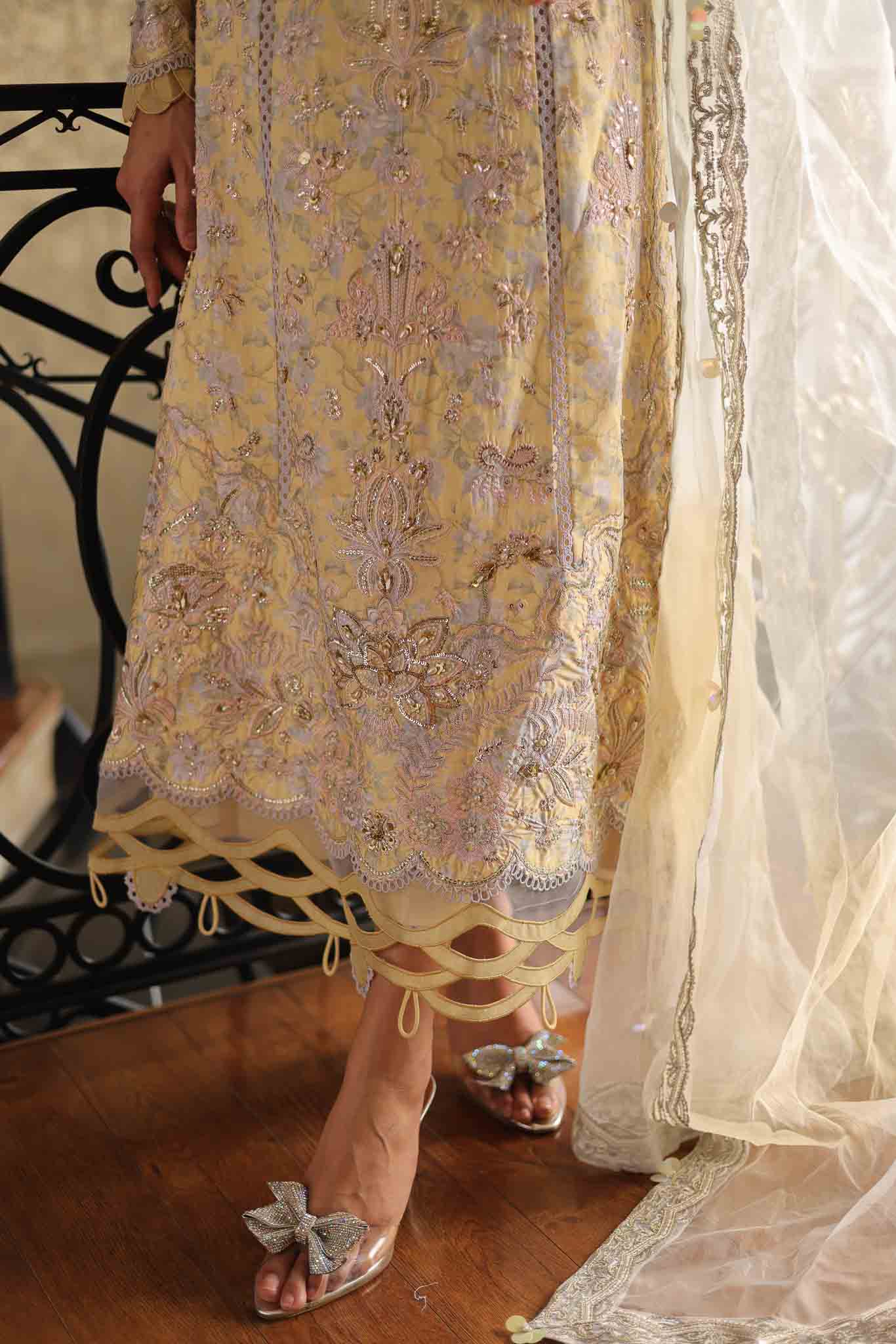 Pakistani Soft Yellow Embroidered Raw Silk Salwar Kameez (3-Piece) - Image 5