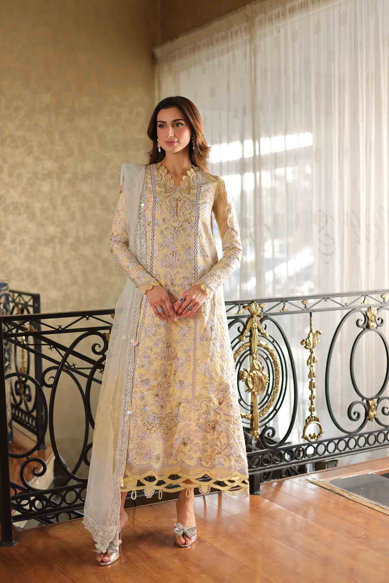 Pakistani Soft Yellow Embroidered Raw Silk Salwar Kameez (3-Piece) - Image 6