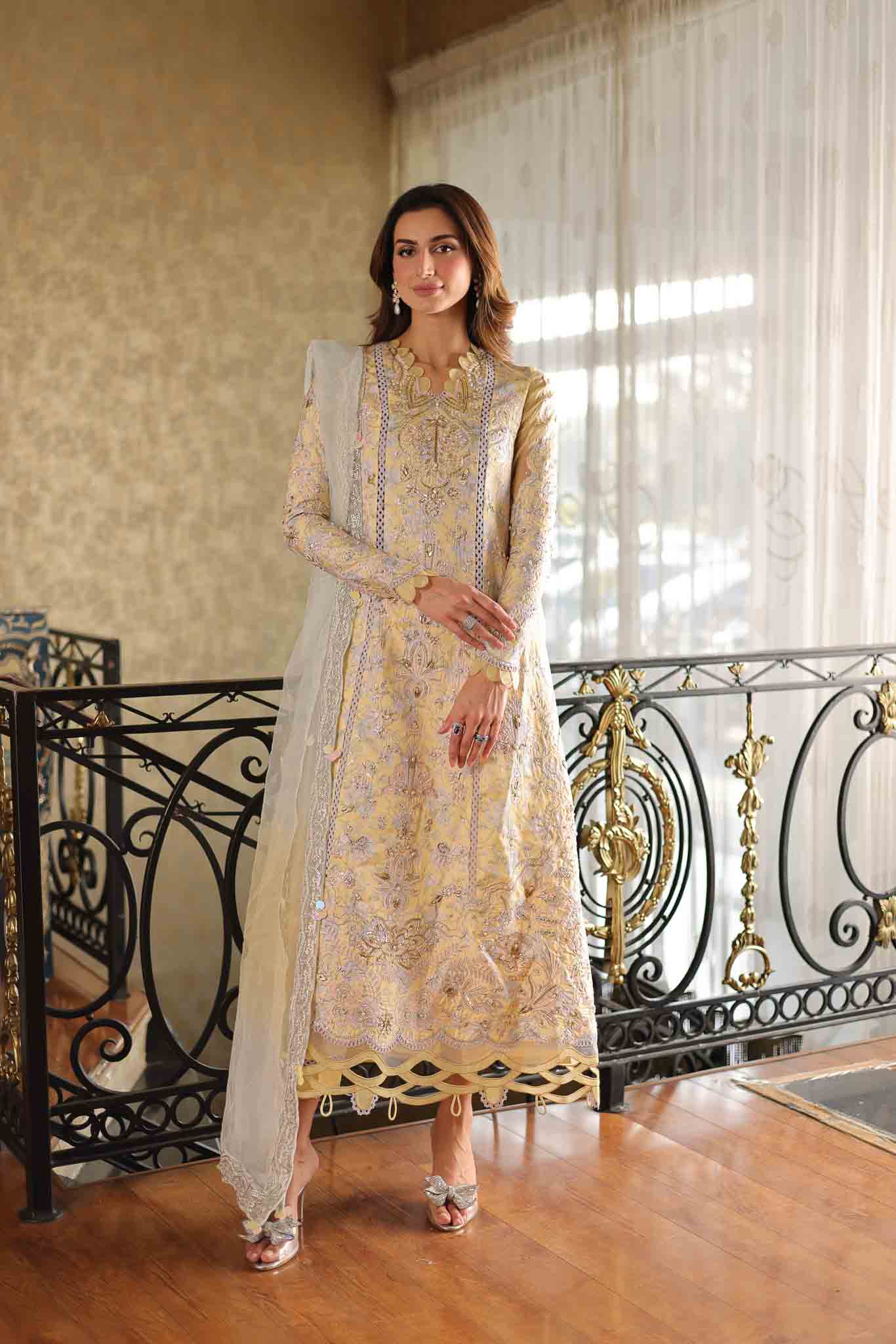 Pakistani Soft Yellow Embroidered Raw Silk Salwar Kameez (3-Piece) - Image 7