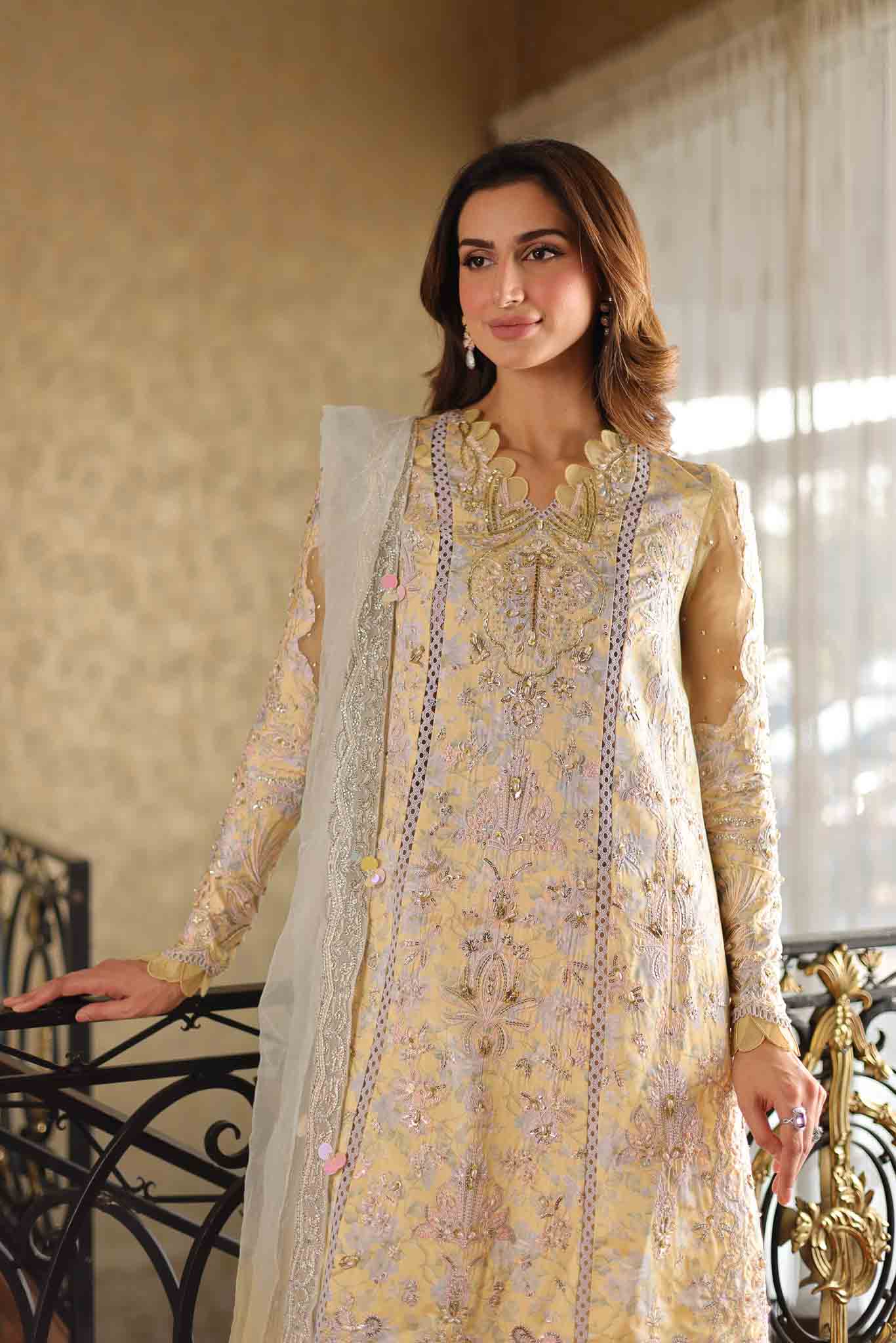 Pakistani Soft Yellow Embroidered Raw Silk Salwar Kameez (3-Piece) - Image 8