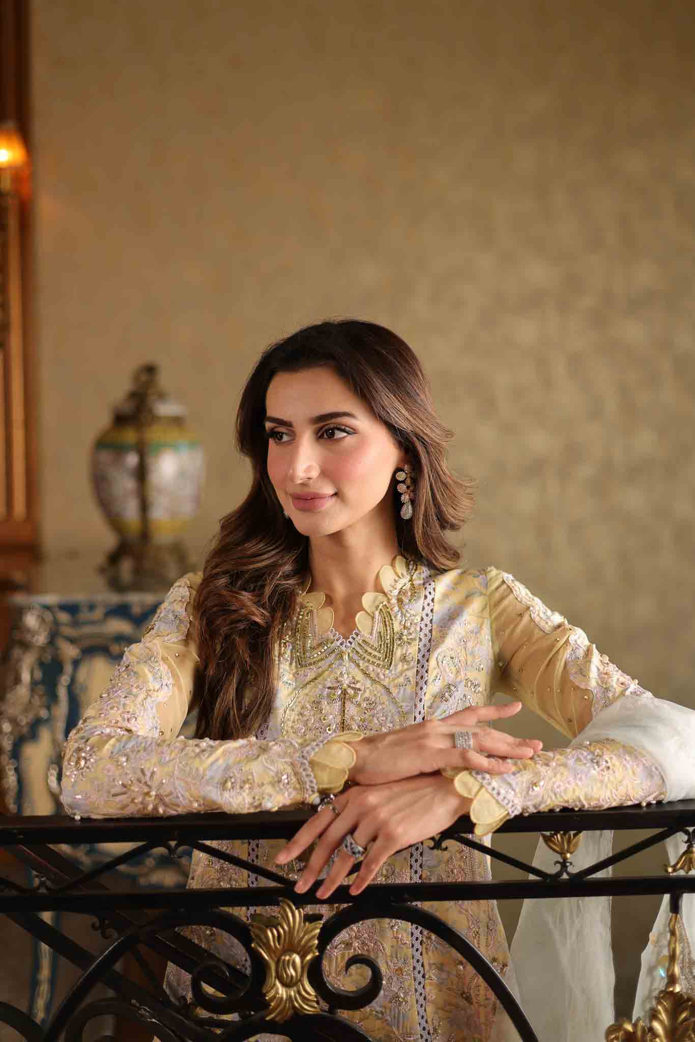 Pakistani Soft Yellow Embroidered Raw Silk Salwar Kameez (3-Piece) - Image 9