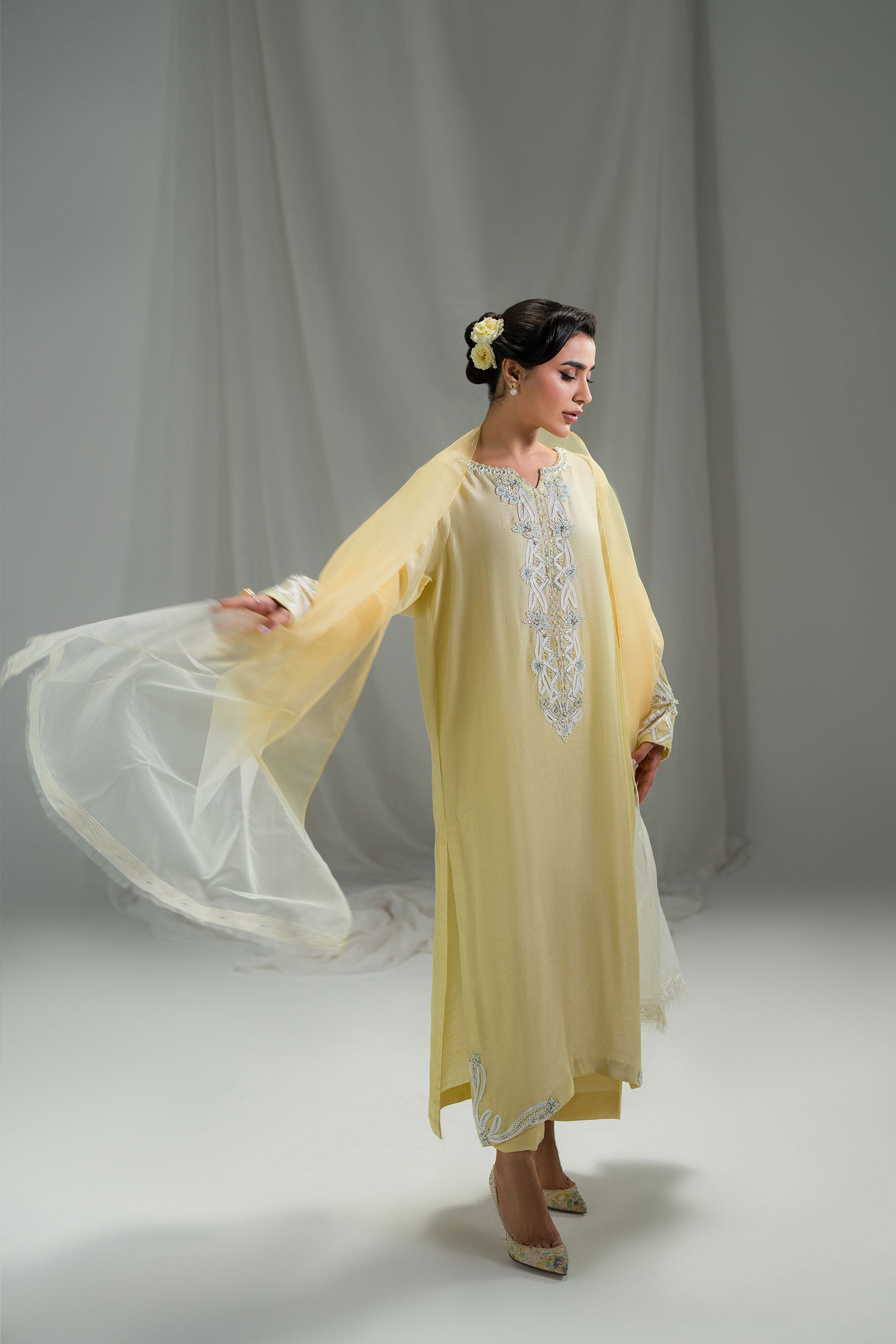 Pakistani Pastel Canary Yellow Hand Embellished Raw Silk Salwar Kameez (3-Piece) - Image 1