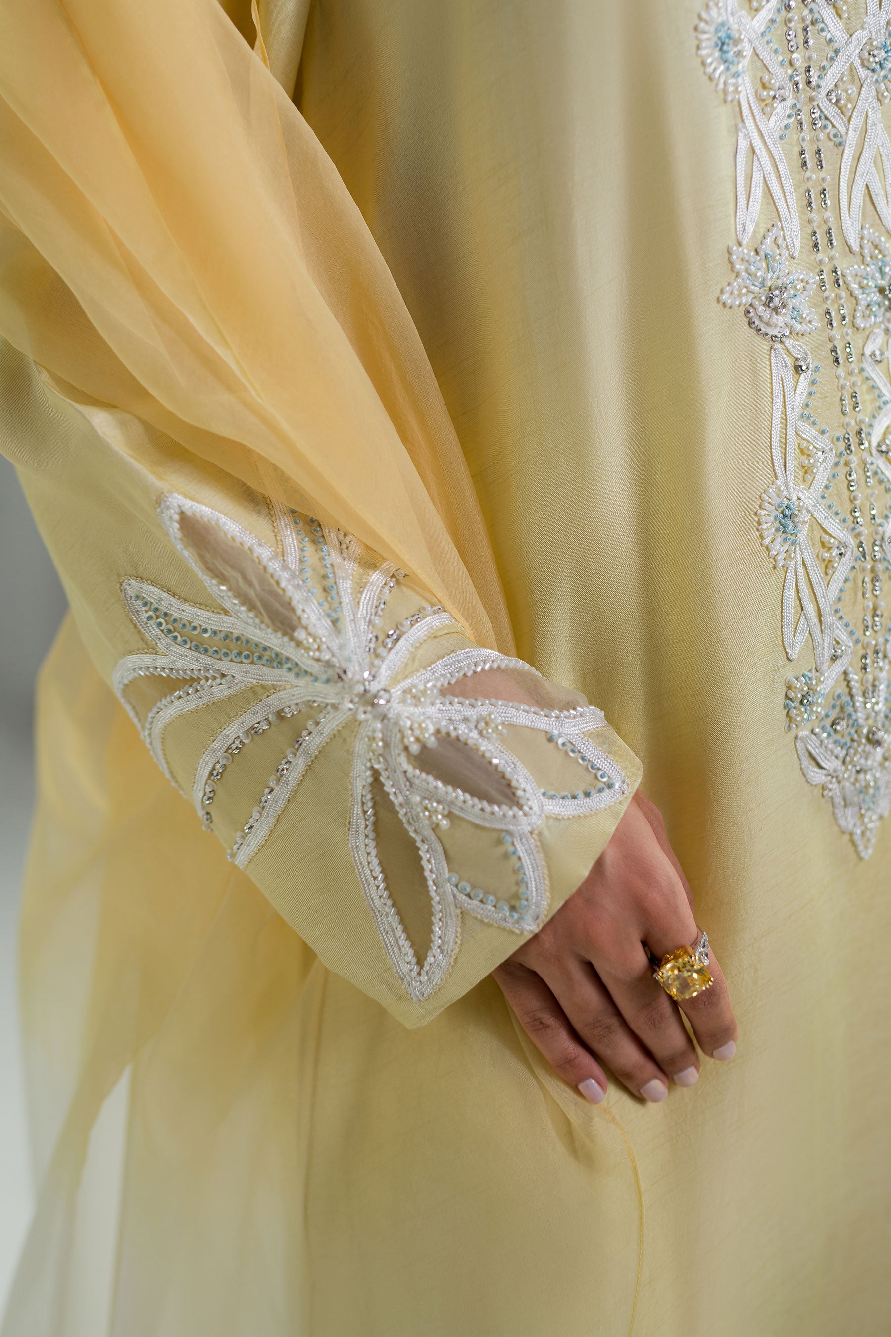 Pakistani Pastel Canary Yellow Hand Embellished Raw Silk Salwar Kameez (3-Piece) - Image 3