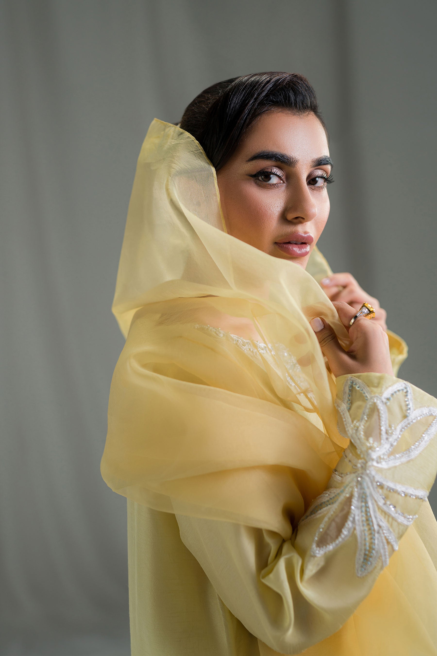 Pakistani Pastel Canary Yellow Hand Embellished Raw Silk Salwar Kameez (3-Piece) - Image 4