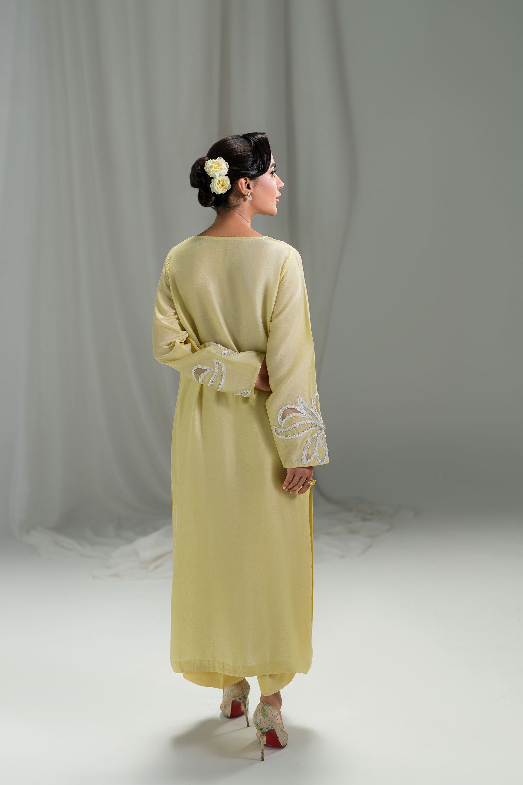 Pakistani Pastel Canary Yellow Hand Embellished Raw Silk Salwar Kameez (3-Piece) - Image 6