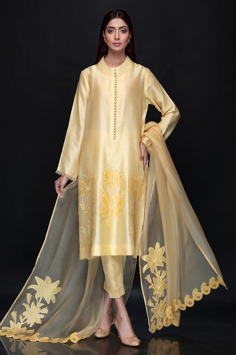 Pakistani Yellow Embroidered Raw Silk Salwar Kameez (3-Piece) - Image 1