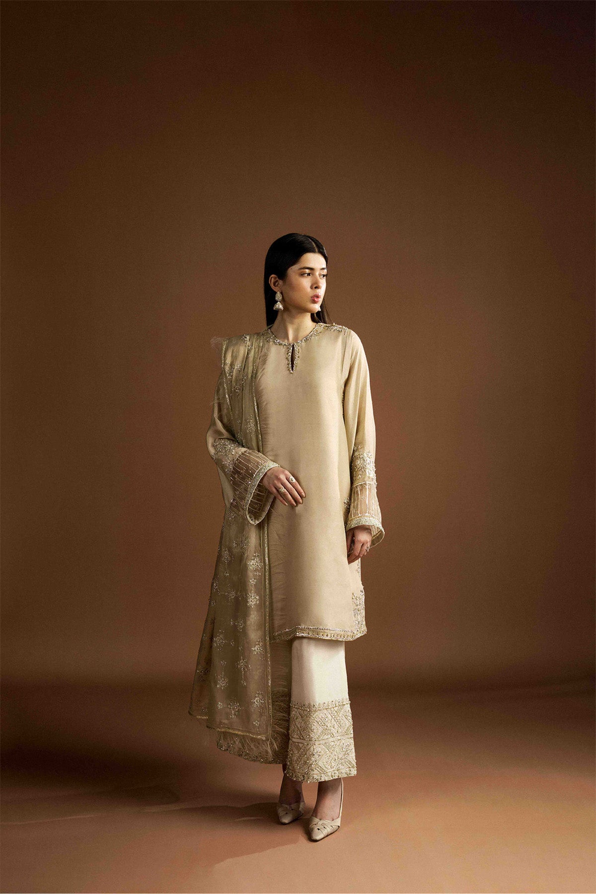 Pakistani Pale Yellow Embroidered Raw Silk Kurta Set (3-Piece) - Image 1