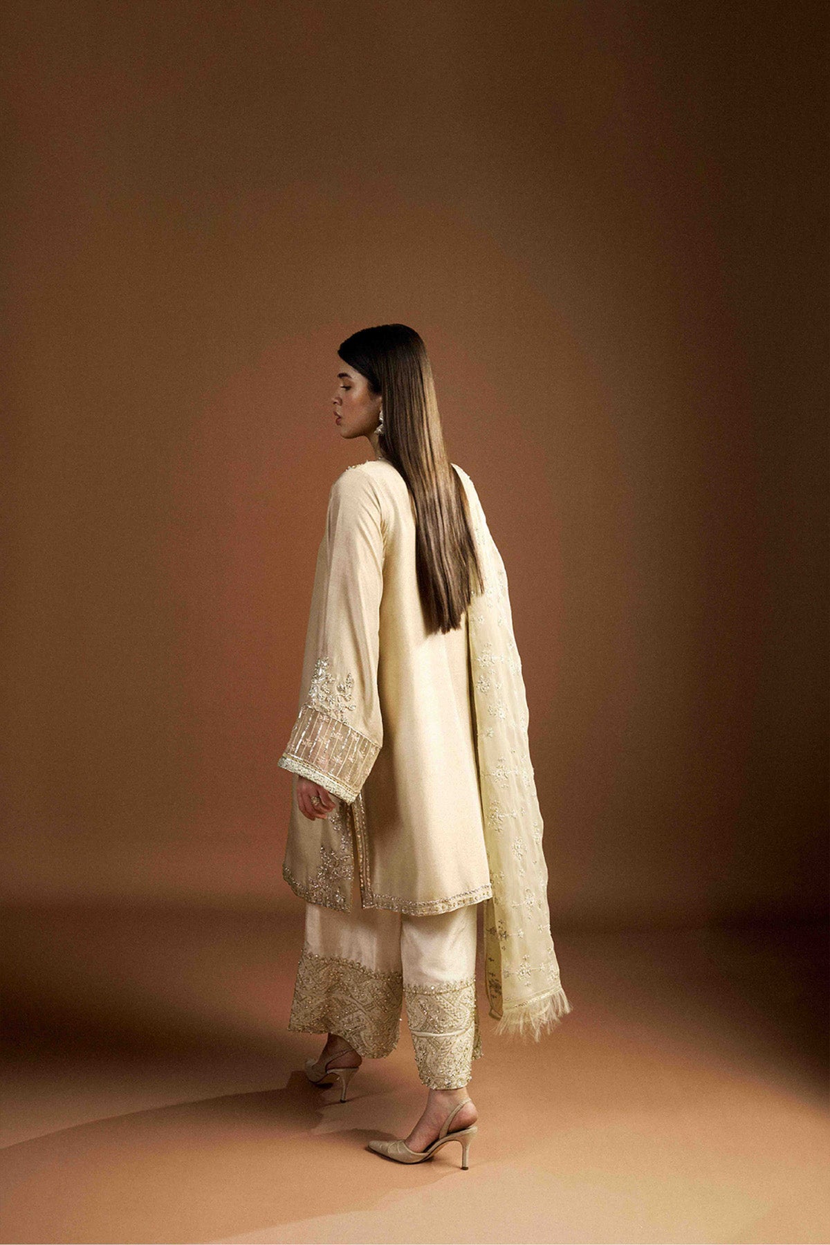 Pakistani Pale Yellow Embroidered Raw Silk Kurta Set (3-Piece) - Image 2