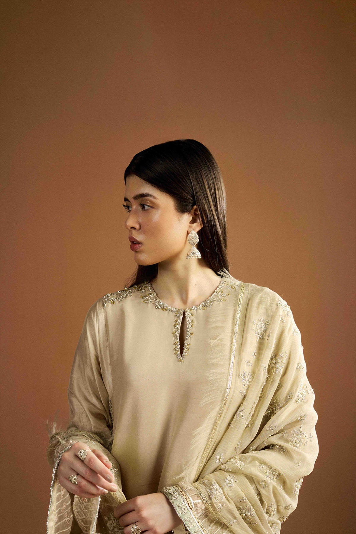 Pakistani Pale Yellow Embroidered Raw Silk Kurta Set (3-Piece) - Image 3