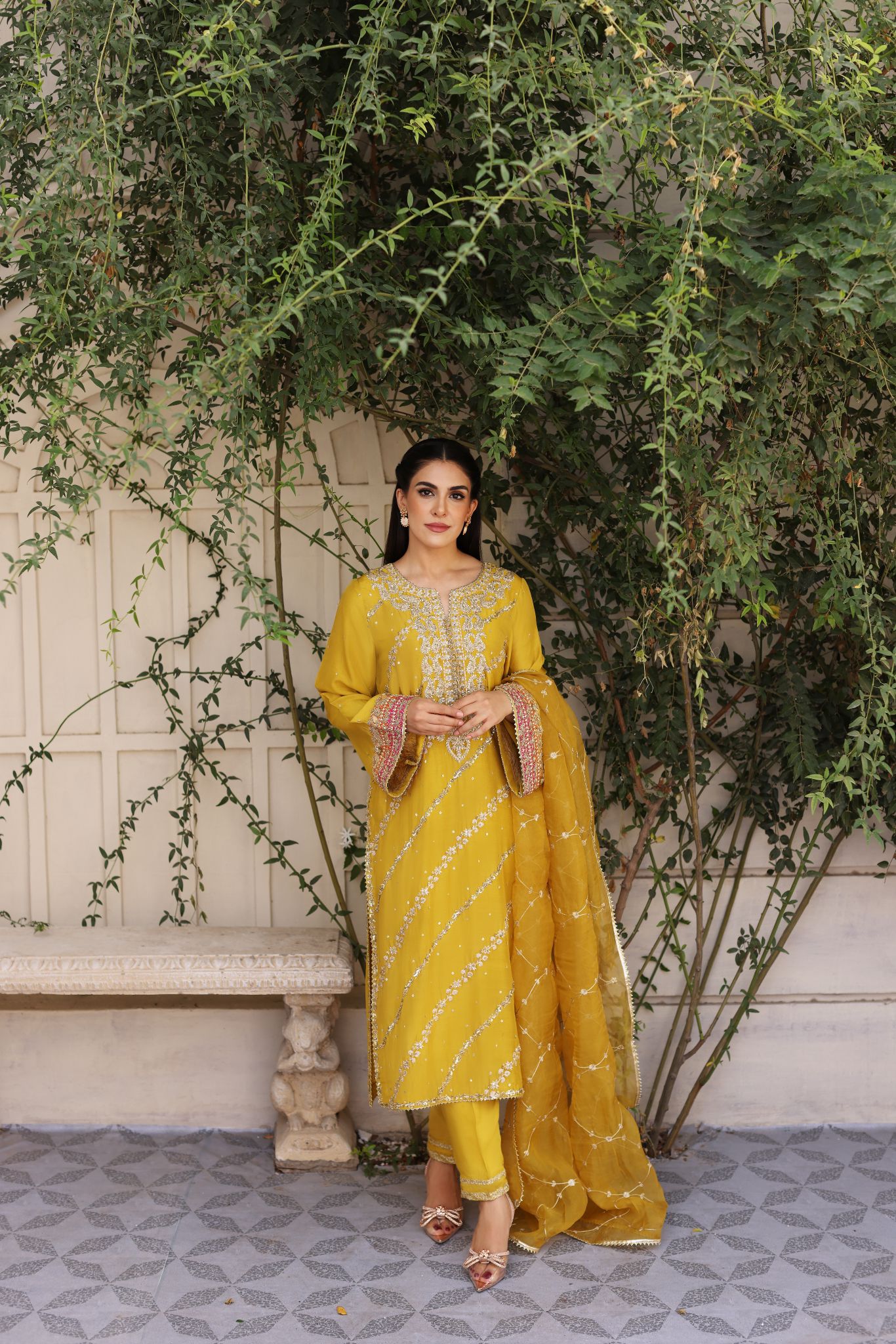 Mustard Yellow Zari Zardozi Raw Silk Salwar Kameez (3-Piece) - Image 1