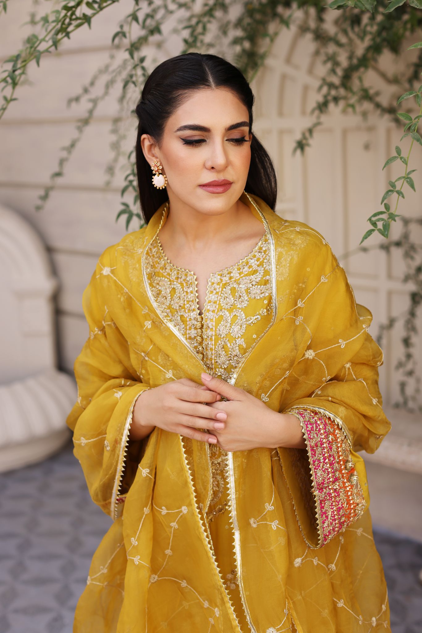 Mustard Yellow Zari Zardozi Raw Silk Salwar Kameez (3-Piece) - Image 4