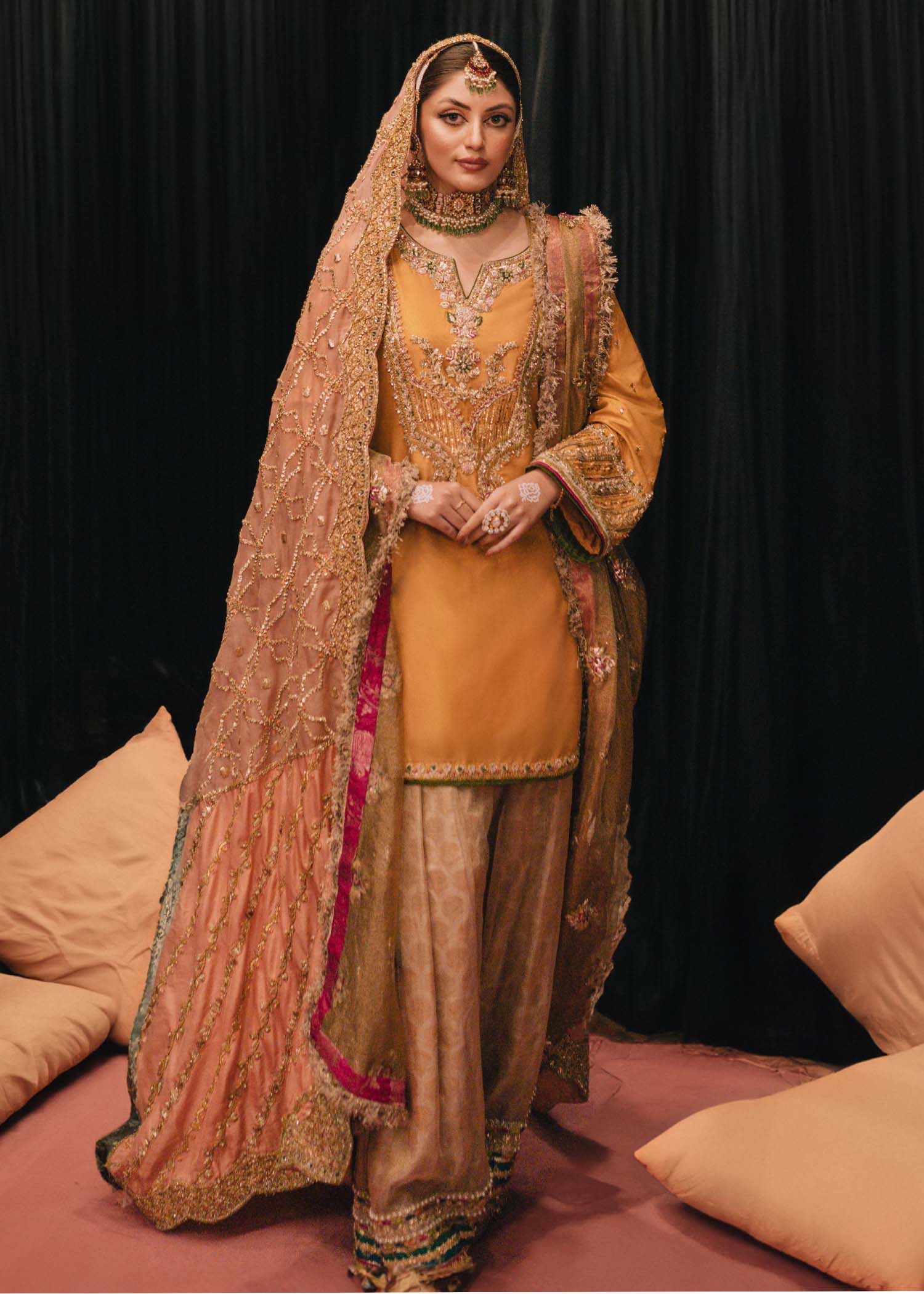 Pakistani Mustard Gota Embroidered Silk Salwar Kameez (3-Piece) - Image 1