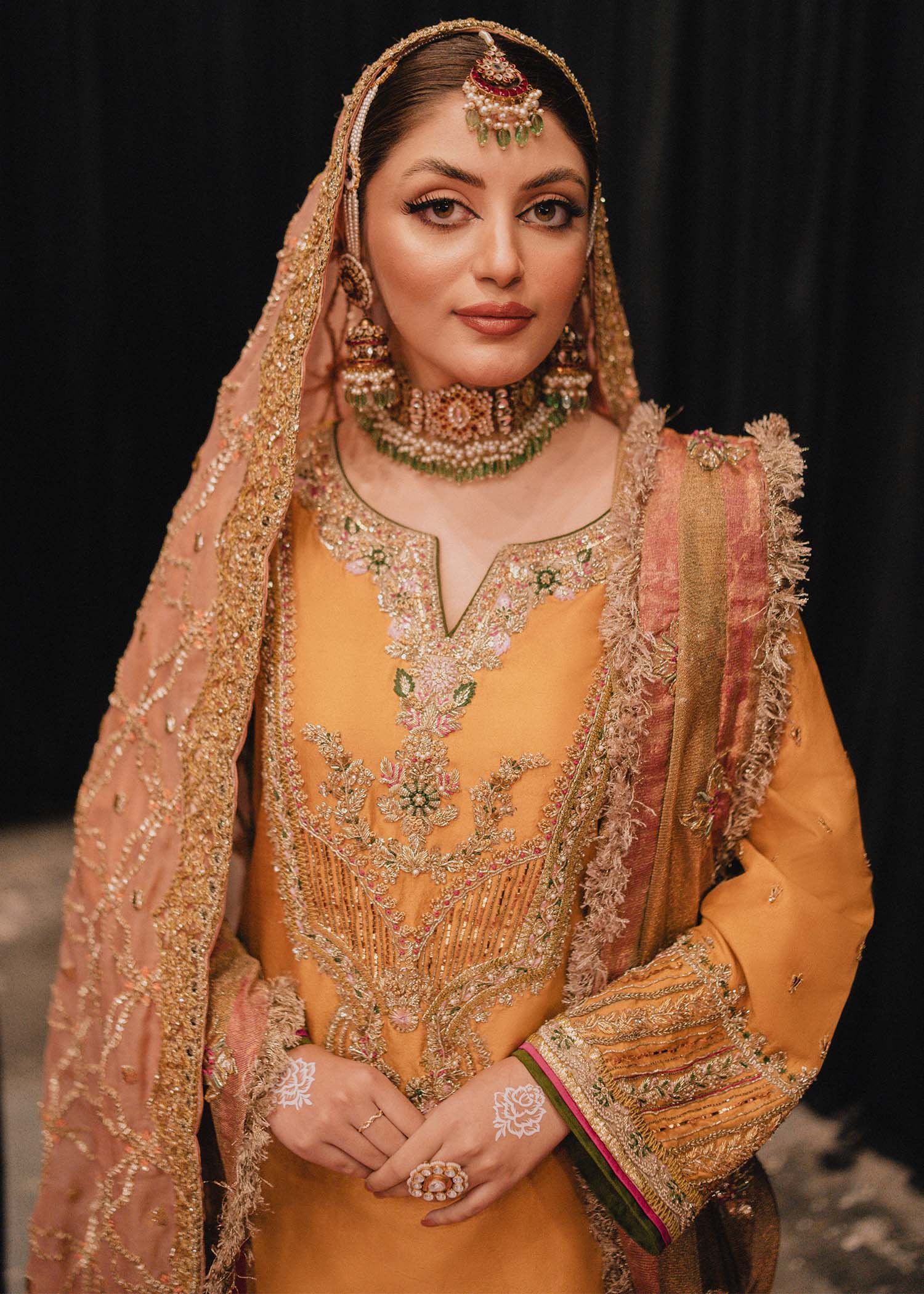 Pakistani Mustard Gota Embroidered Silk Salwar Kameez (3-Piece) - Image 2