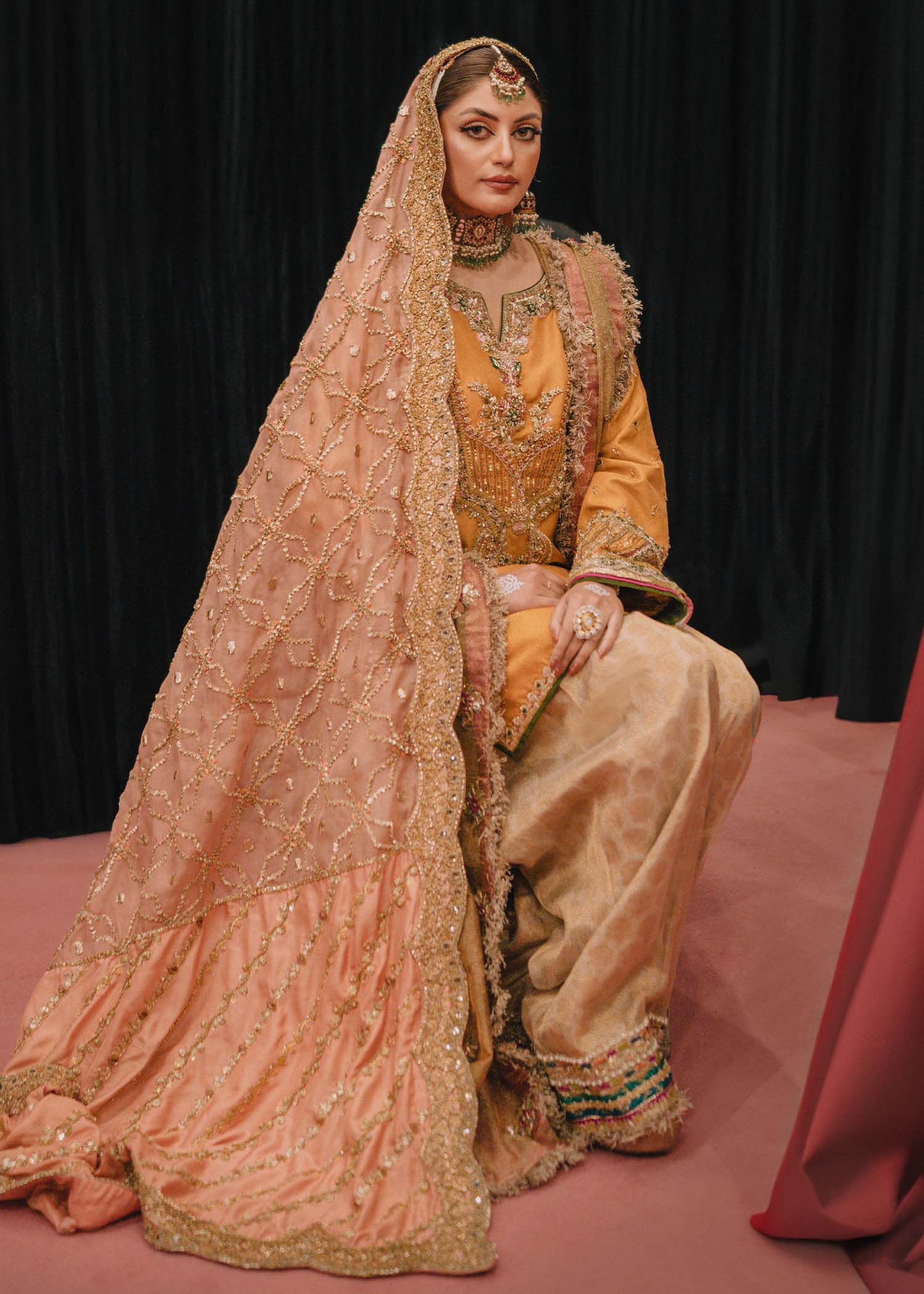 Pakistani Mustard Gota Embroidered Silk Salwar Kameez (3-Piece) - Image 5