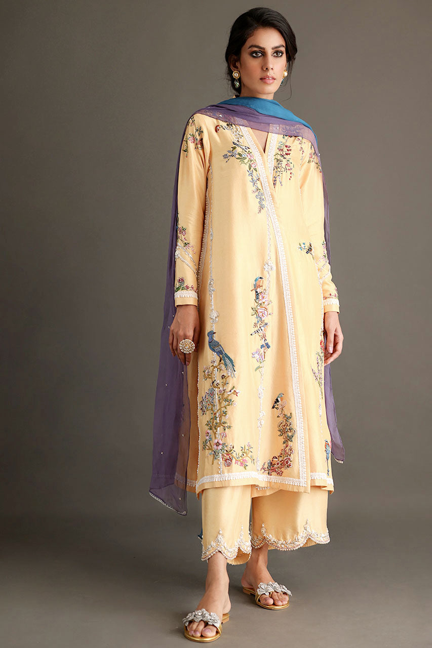 Soft Yellow Hand-Embroidered Silk Chogha (3-Piece) - Image 1