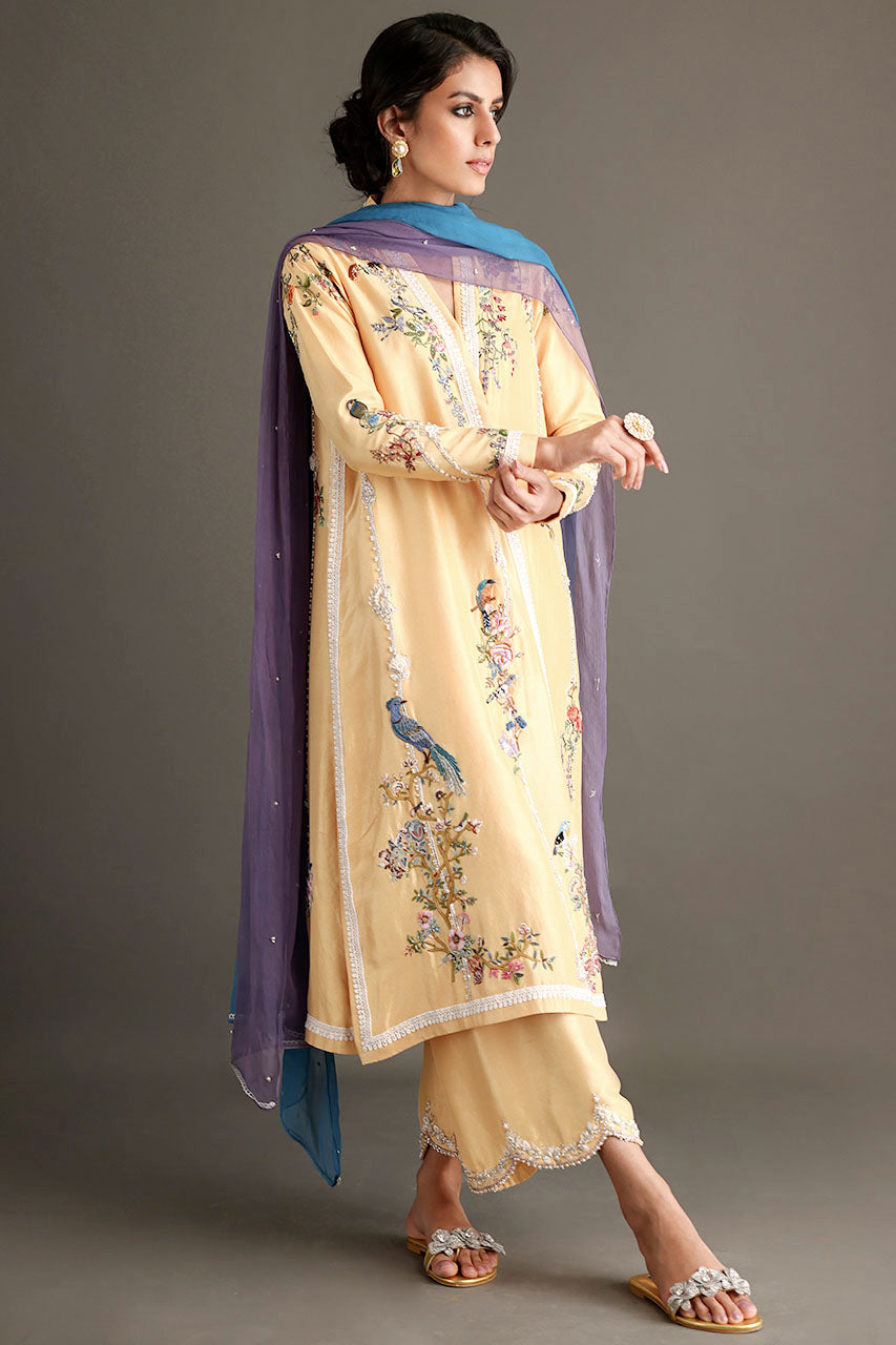Soft Yellow Hand-Embroidered Silk Chogha (3-Piece) - Image 2