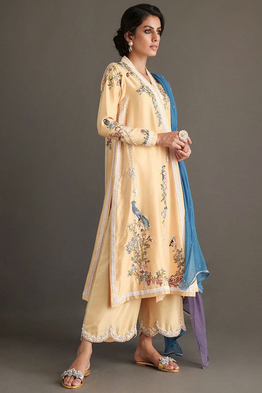 Soft Yellow Hand-Embroidered Silk Chogha (3-Piece) - Image 3