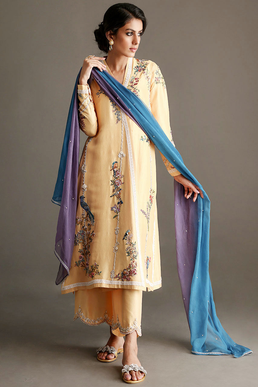 Soft Yellow Hand-Embroidered Silk Chogha (3-Piece) - Image 4