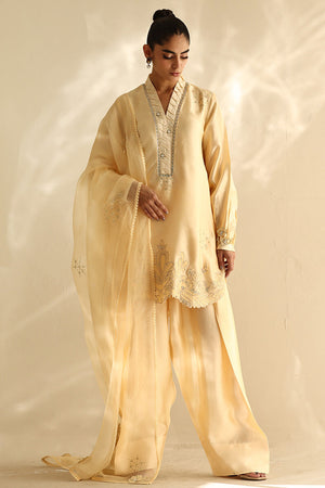 Pakistani Butter Yellow Hand Embroidered Silk Salwar Kameez (3-Piece) - Image 1