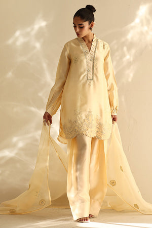 Pakistani Butter Yellow Hand Embroidered Silk Salwar Kameez (3-Piece) - Image 2