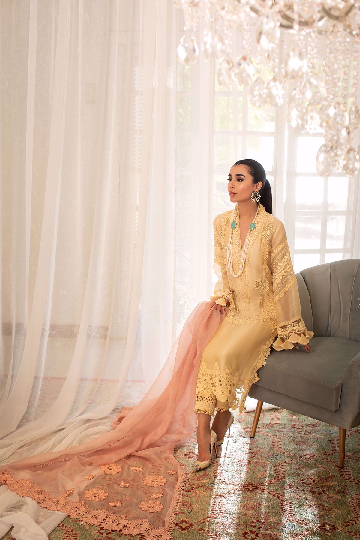 Pastel Lemon Sheesha & Crochet Silk Net Salwar Kameez (3-Piece) - Image 10