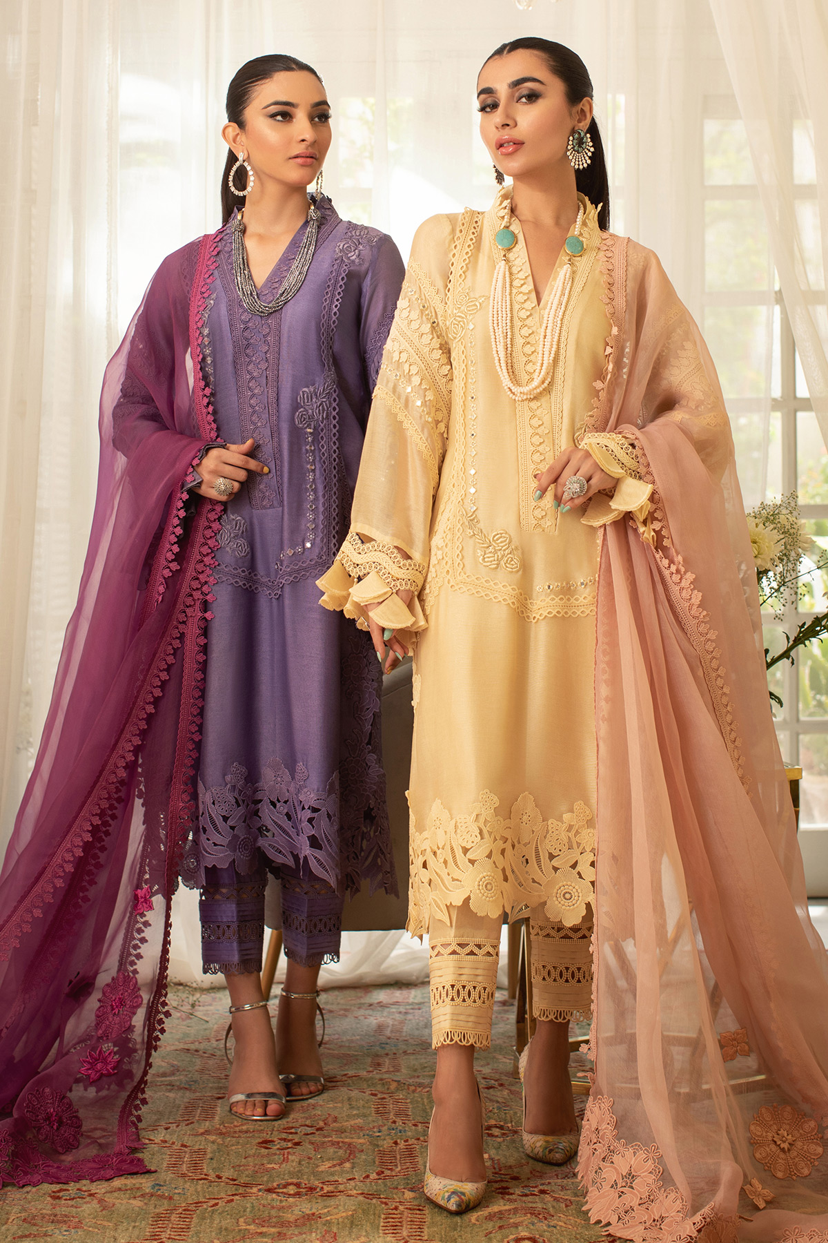 Pastel Lemon Sheesha & Crochet Silk Net Salwar Kameez (3-Piece) - Image 14