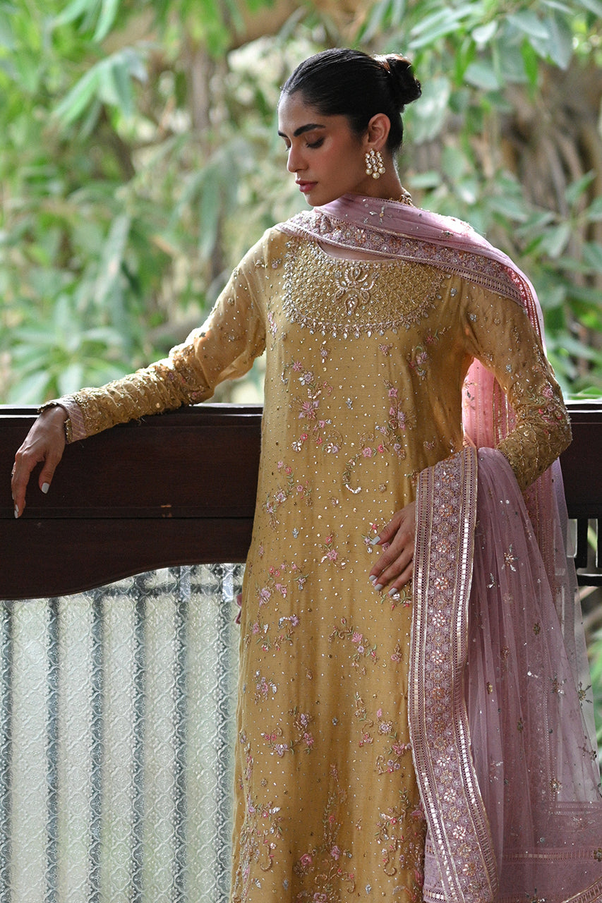 Pakistani Light Yellow Zardozi & Resham Silk Net Salwar Kameez (3-Piece) - Image 1