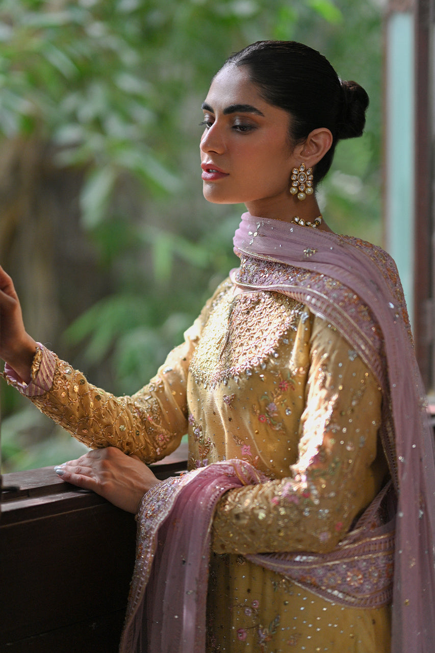 Pakistani Light Yellow Zardozi & Resham Silk Net Salwar Kameez (3-Piece) - Image 2