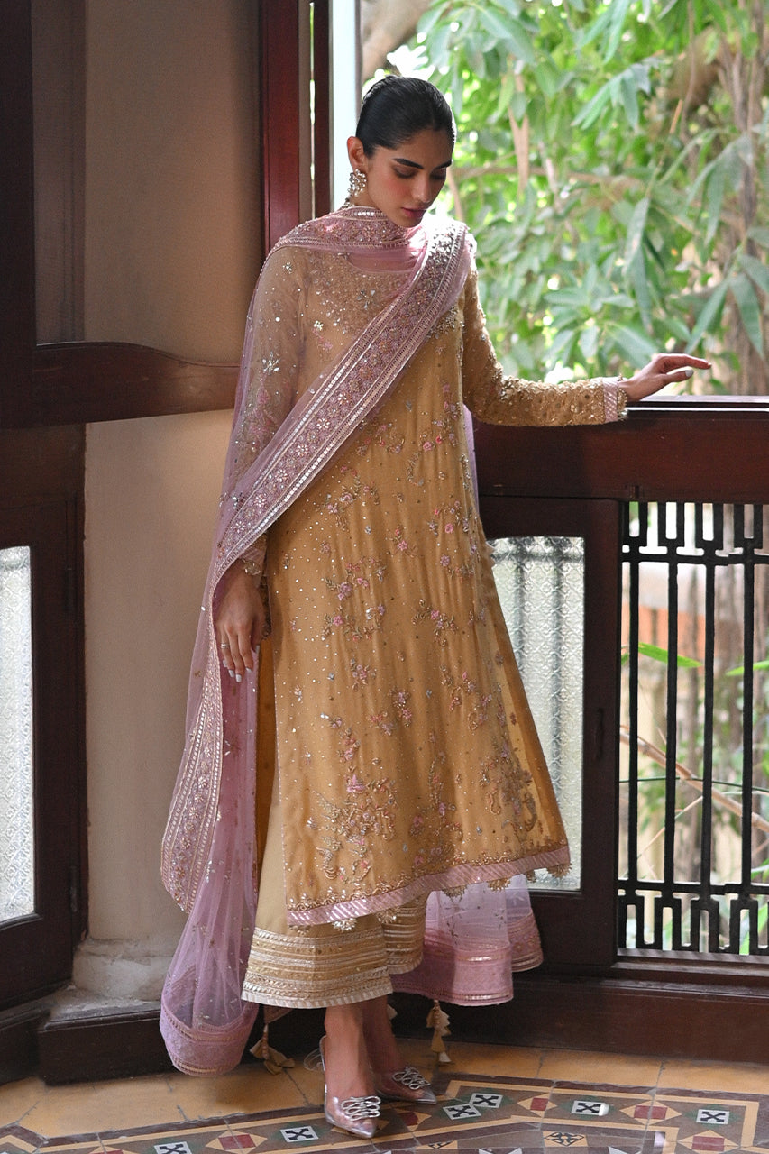 Pakistani Light Yellow Zardozi & Resham Silk Net Salwar Kameez (3-Piece) - Image 4