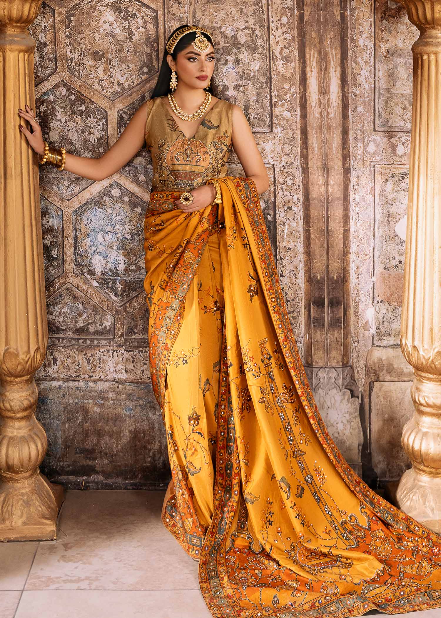 Pakistani Mustard Persian Shikargah Print Silk Saree (3-Piece) - Image 1