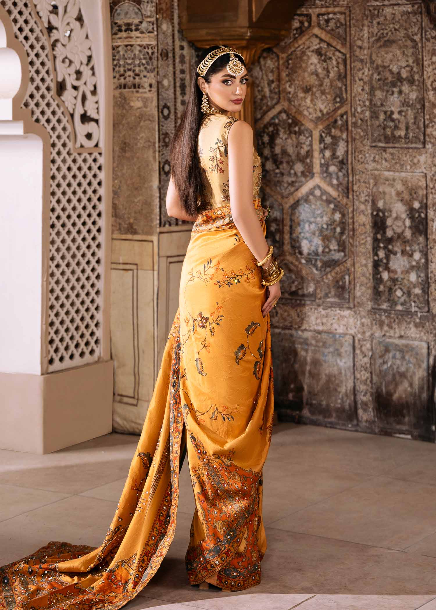 Pakistani Mustard Persian Shikargah Print Silk Saree (3-Piece) - Image 2