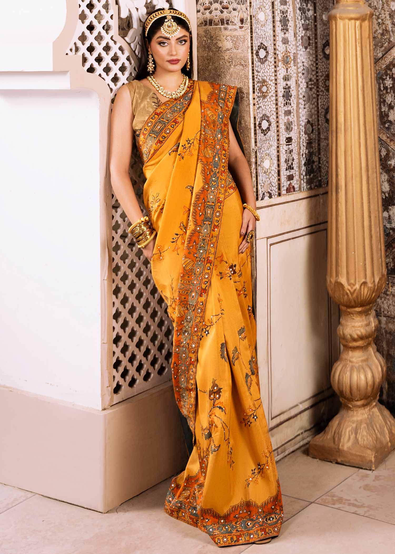 Pakistani Mustard Persian Shikargah Print Silk Saree (3-Piece) - Image 3