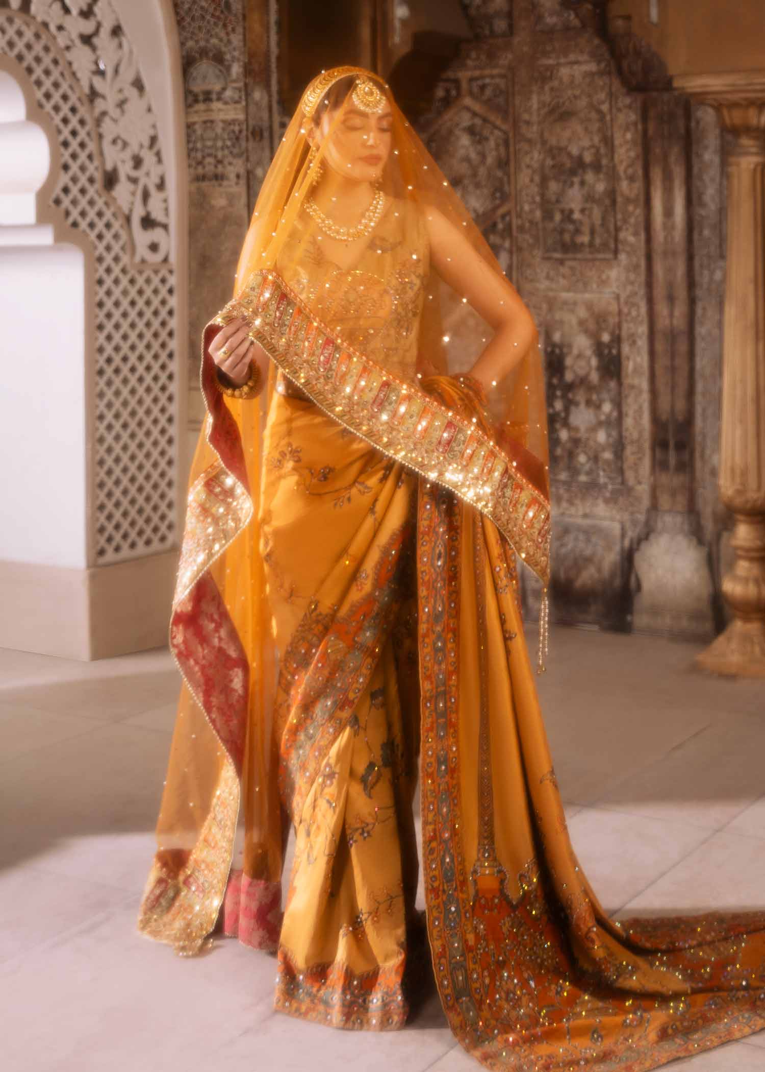 Pakistani Mustard Persian Shikargah Print Silk Saree (3-Piece) - Image 4