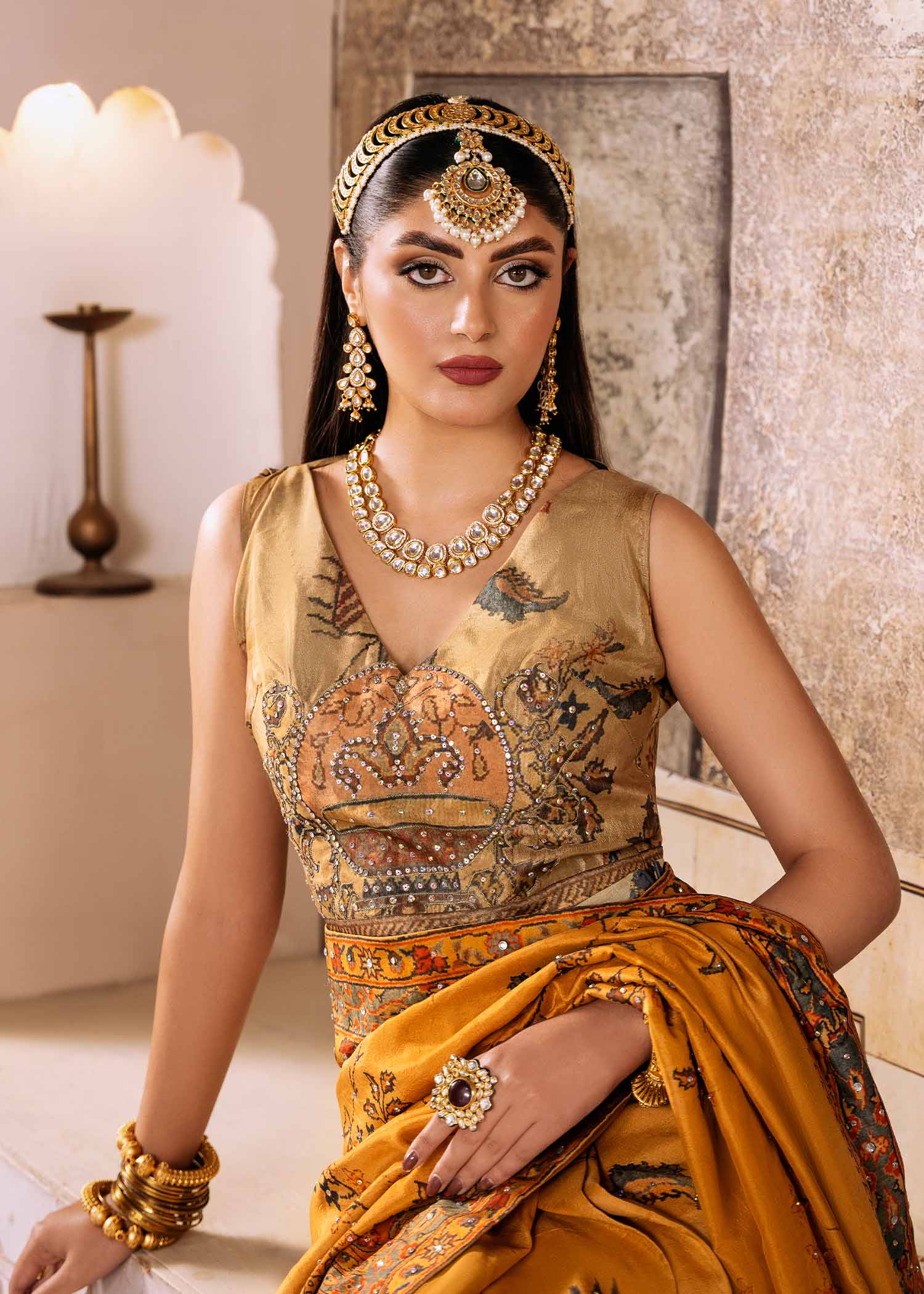 Pakistani Mustard Persian Shikargah Print Silk Saree (3-Piece) - Image 5