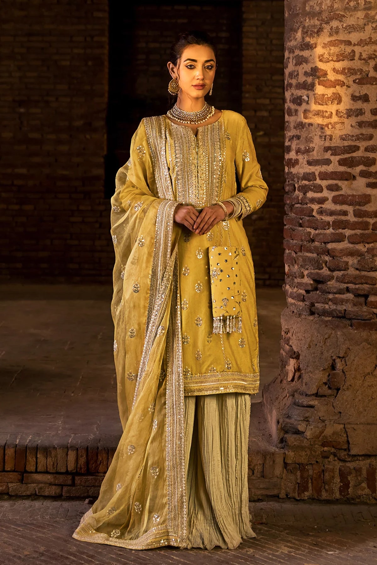 Pakistani Lime Yellow Embroidered Cotton Net Sharara (3-Piece) - Image 1