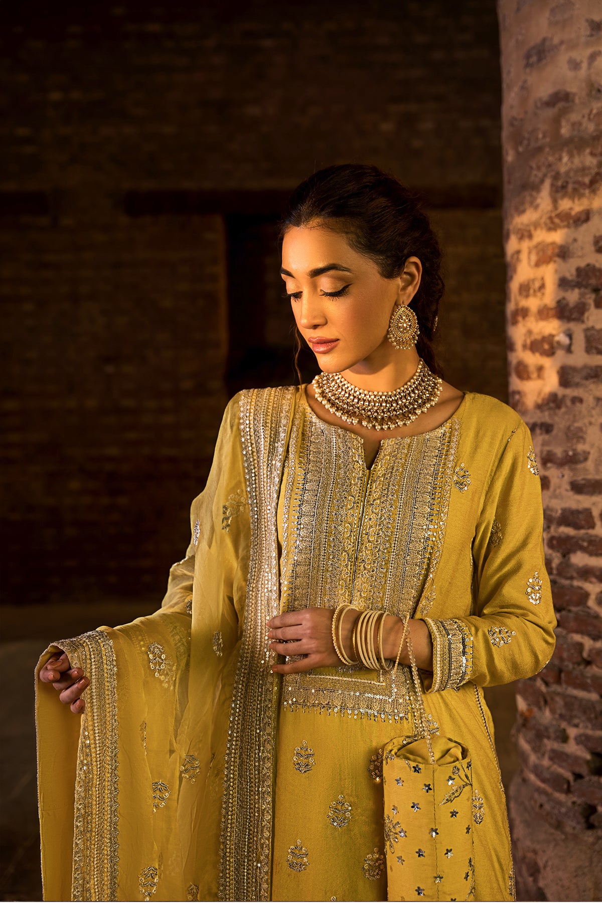 Pakistani Lime Yellow Embroidered Cotton Net Sharara (3-Piece) - Image 2