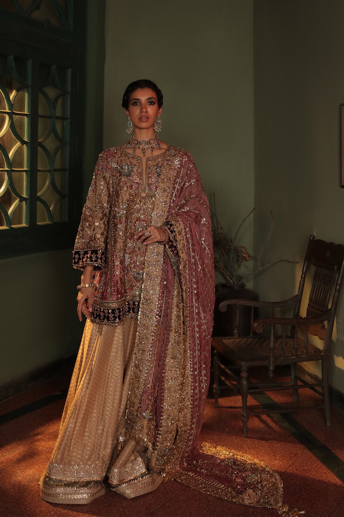 Lemon Yellow Embellished Jamawar Sharara Set (3-Piece) - Image 1