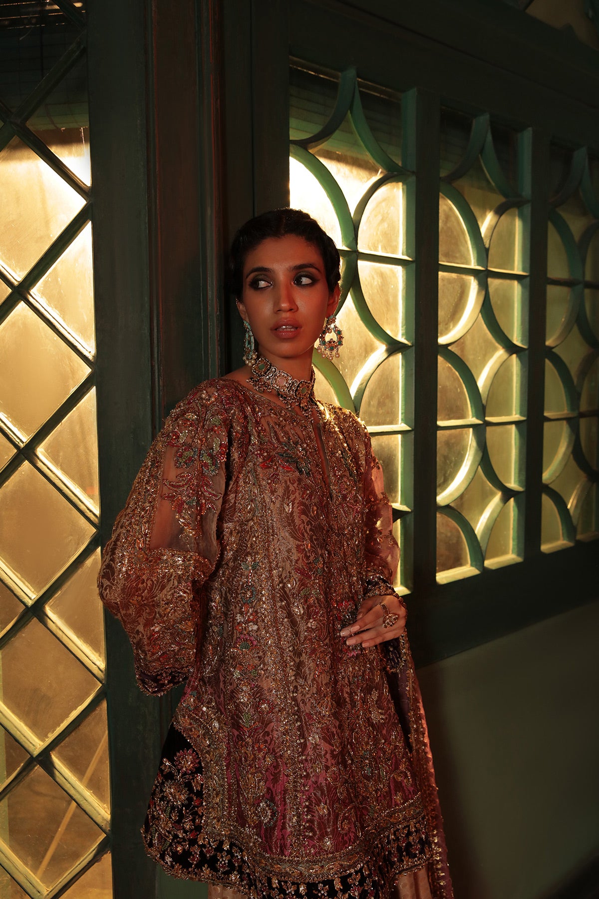 Lemon Yellow Embellished Jamawar Sharara Set (3-Piece) - Image 2