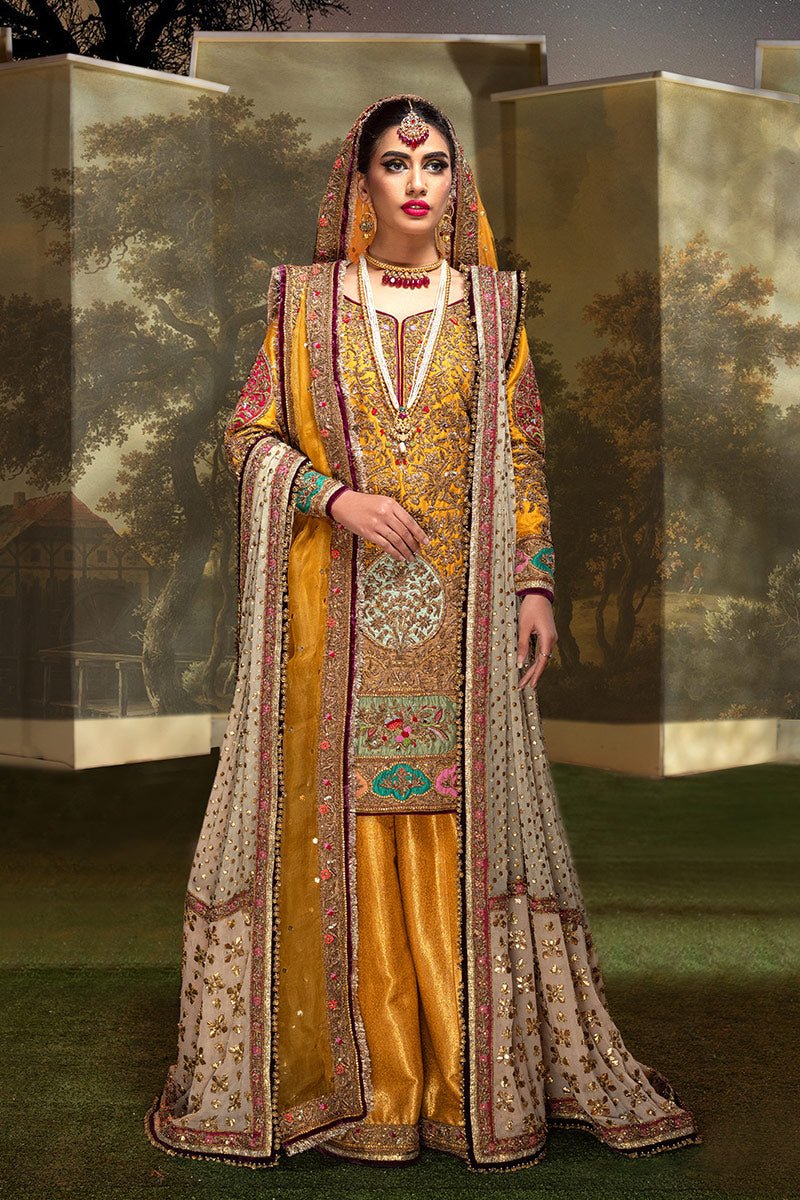 Pakistani Mustard Zardozi Resham Jamawar Sharara (3-Piece) - Image 1