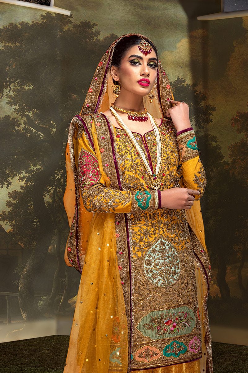 Pakistani Mustard Zardozi Resham Jamawar Sharara (3-Piece) - Image 3